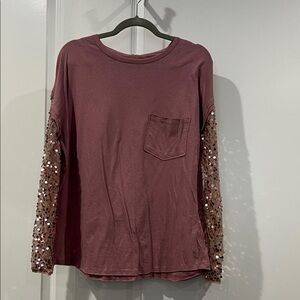 NWT Free People Sequin Sleeve Long Sleeve Pocket Top - Mauve